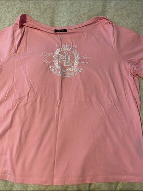 Ralph Lauren Pink Boatneck Tee with White Embroidered RLL Crest Sz 3X BEAUTIFUL!
